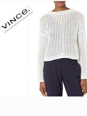 VINCE Cotton Crochet Open Knit Sweater Optic White XS Round Crew Neck Long Sleev